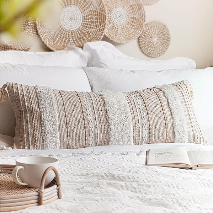 Cream Decorative Lumbar Throw Pillow Cover 14x36 Boho Long Cushion for Bed Neutral Accent Farmhouse Pillowcase for Bedroom Living Room Couch Sofa Home Décor (Cover ONLY, Pack of 1)