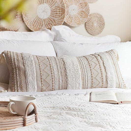 Cream Decorative Lumbar Throw Pillow Cover 14x36 Boho Long Cushion for Bed Neutral Accent Farmhouse Pillowcase for Bedroom Living Room Couch Sofa Home Décor (Cover ONLY, Pack of 1)