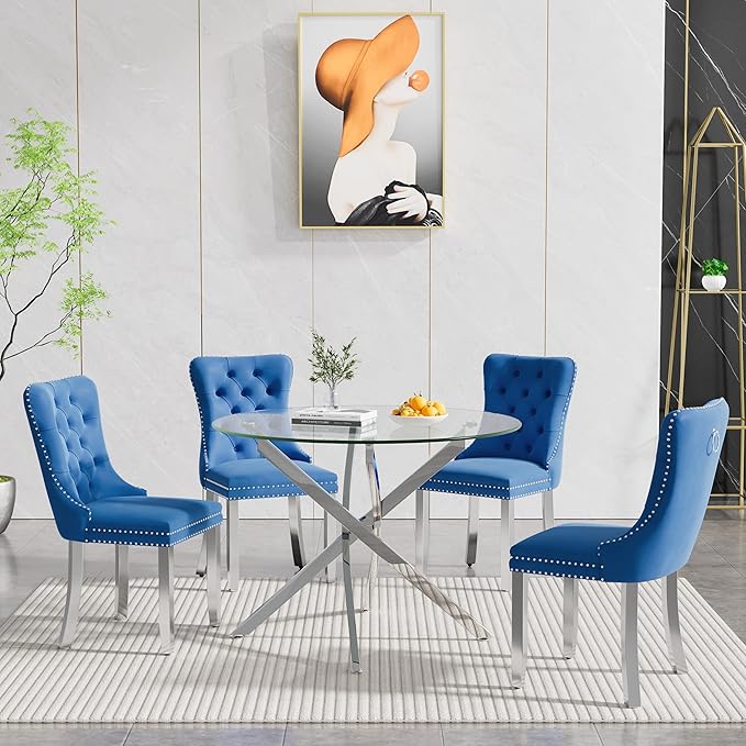 Goujxcy Small Round Dining Table Set for 4, Modern Glass Kitchen Table Chairs Set of 4, 5-Piece Dining Table Set w/36 Circle Silver Glass Dining Room Table and 4 Blue Upholstered Dining Chairs