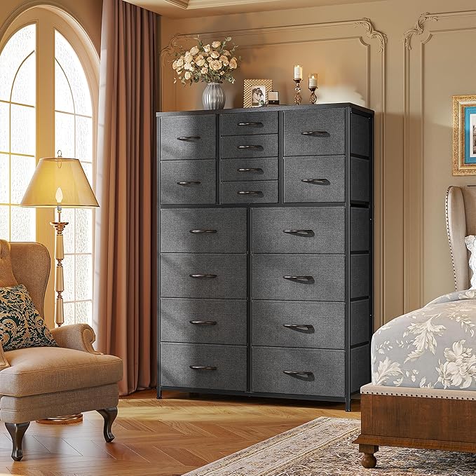 57“H Tall Dresser for Bedroom with 16 Drawers,Fabric Dressers & Chests of Drawers for Bedroom,Large Dresser for Closet,Sturdy Metal Frame & Wood Top,Entryway, Hallway(Grey)