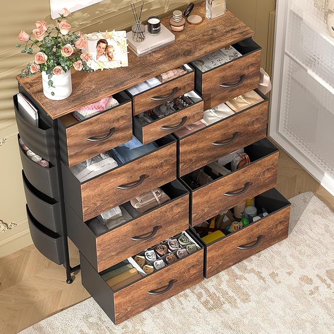 Lulive Dresser for Bedroom with 10 Drawers, Chest of Drawers with Side Pockets and Hooks, Fabric Storage Organizer Unit for Living Room, Hallway, Closet (Rustic Brown)