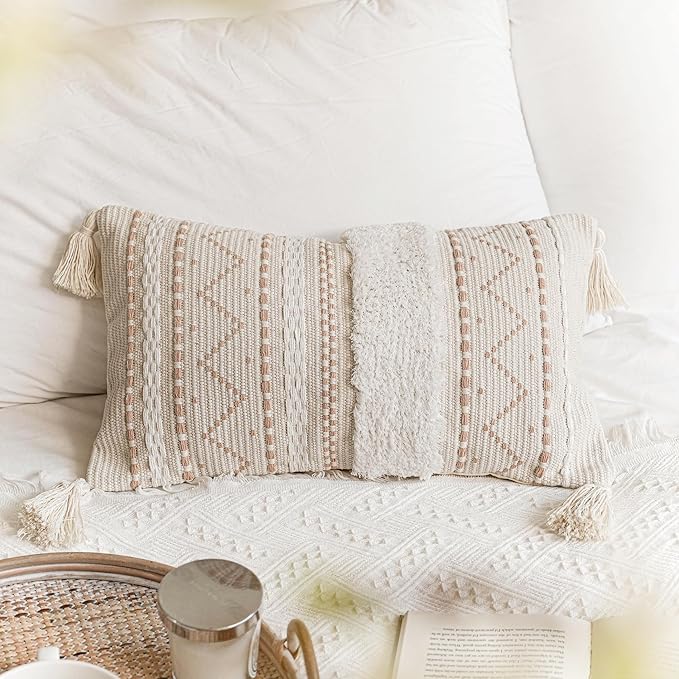 Decorative Lumbar Throw Pillow Cover 12x20 Cream Neutral White Rectangular Boho Accent Pillowcase Farmhouse Cushion for Couch Sofa Bedroom Living Home Décor (Cover ONLY, Pack of 1)