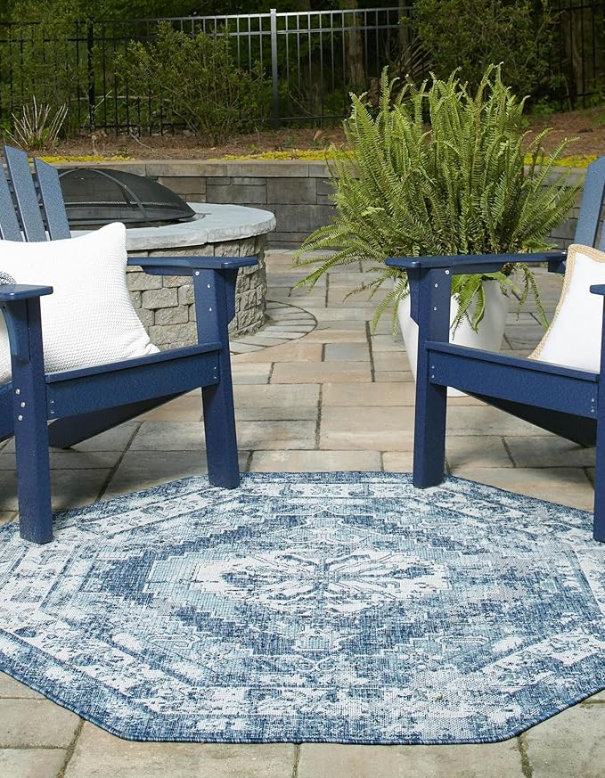 Unique Loom Outdoor Traditional Collection Area Rug - Valeria (7' 10" Octagon, Blue/ Ivory)