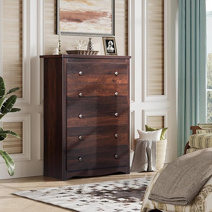 WLIVE Wood Dresser with 5 Drawers, Rustic Brown Wooden Storage Cabinet for Bedroom, Modern Organizer Drawers and Closet Dresser for Living Room, Hallway, Measuring 15.75" W*31.50" D*45.35" H
