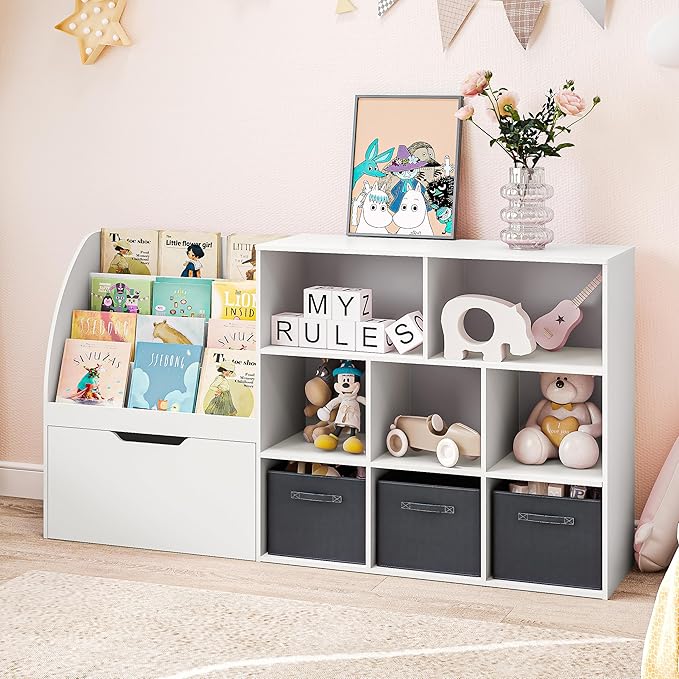Kids Bookshelf and Toy Storage, Toy Storage Organizers with Movable Drawers & 3 Storage Bins, Kids Reading Nook Toy Organizers Shelf with 5 Cubbies, White