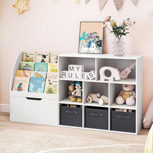 Kids Bookshelf and Toy Storage, Toy Storage Organizers with Movable Drawers & 3 Storage Bins, Kids Reading Nook Toy Organizers Shelf with 5 Cubbies, White