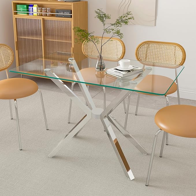 47" Tempered Glass Dining Table for 4, Modern Kitchen Table Rectangle Top, Geometric Metal Leg, for Apartment Dining Room Restaurant (Silver)