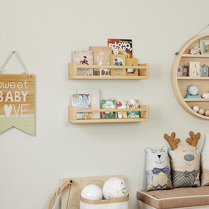 Onlysky Set of 4 Wall-Mounted Kid's Bookshelf - Wood Floating Nursery Book Shelves - Durable Wood Construction - Ideal for Nursery Decor, Kids Room, Toy Storage