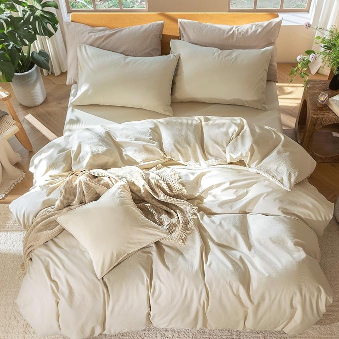 MooMee Bedding Duvet Cover Set 100% Washed Cotton Linen Like Textured Breathable Durable Soft Comfy (Heathered Almond Milk Grey, Oversized Queen 98"x98")