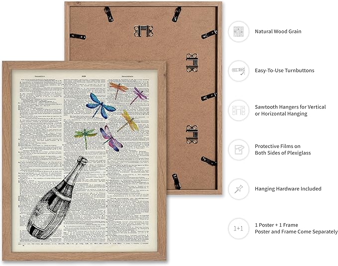 Poster Master Dictionary Art Poster - Champagne Bottle Print - Dragonfly Art - Alcohol Art - Gift for Men, Women & Bartender - Great Decor for Bar, Kitchen or Restaurant, 16x20 Beige Framed