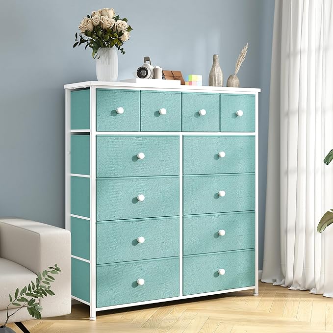 Dresser for Bedroom with 12 Drawers Tall Dressers for Bedroom Fabric Dressers & Chest of Drawers with Sturdy Metal Frame, Wood Top, for Woman, Closet, 40.6" W x 11.8" D x 44.5" H (Turquoise)