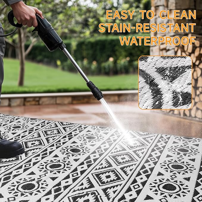 Outdoor Rug Waterproof 5x8 ft, Reversible Outdoor Plastic Straw Rug Patio Rug, RV Rugs for Outside, Outdoor Carpet for Patio Camping Deck Balcony Backyard, Black & White