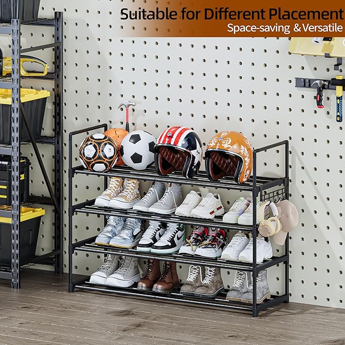 Metal Shoe Rack - 4-Tier Shoe Organizer with Adjustable Shelf Height, Sturdy Shoe Storage Shelf, Perfect for Front Door Entrance, Closet & Entryway, Easy to Assemble, DIY Layering Options (M - 4 Tier)