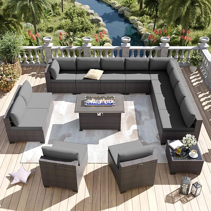 Kurapika 14 Pieces Patio Furniture Set, Rattan Wicker Outdoor Conversation Sets w/43in Propane Fire Pit Table and 4 Inch Cushion(Grey)