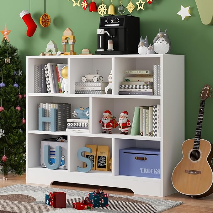 Kids Book Shelf Set of 2, 8 Cubes Storage Organizer Montessori Bookshelf, 3-Tier Wooden Kids Bookcase, Toy Storage Organizer for Children, White Toddler Bookshelf Cube Shelf for Kid’s Room