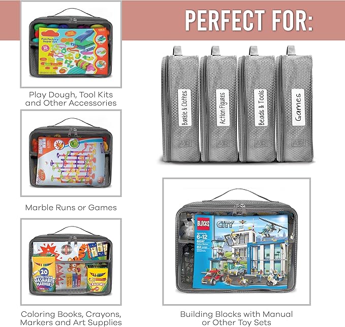 Toy Storage Bag, On the Go Toy Storage Organizer, Car Toy Organization, Blocks Travel Bag, Activity Bags for kids, Traveling Carrying Case, Storage Organizer (Large 2 pc Grey Bags)