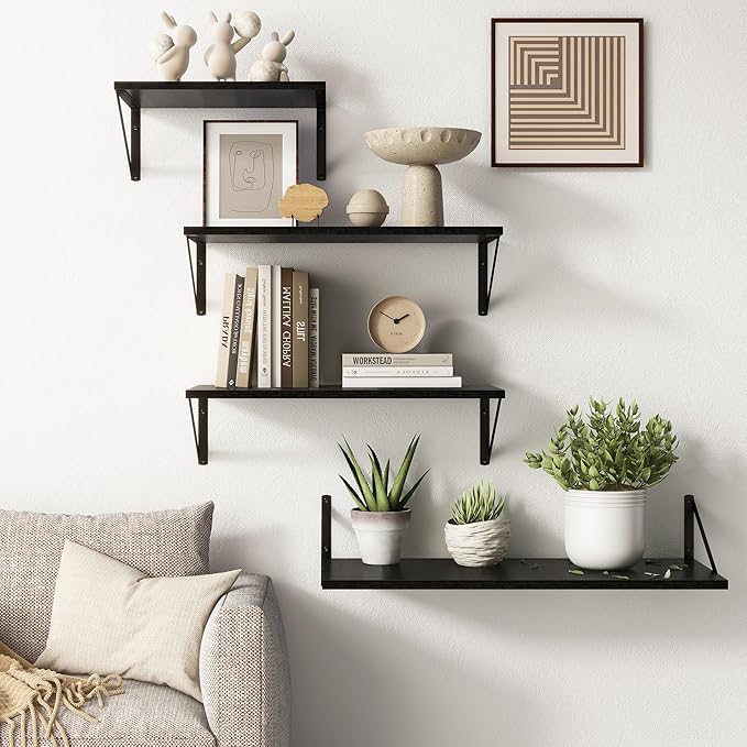 Fun Memories 10 Inch Deep Floating Shelves, Black Floating Shelf 16 Inch Long, 16" W x 10" D Wall Shelves Set of 2, Deep Shelves for Books, Wide Floating Shelves for Bahtoom, Living Room, Kitchen