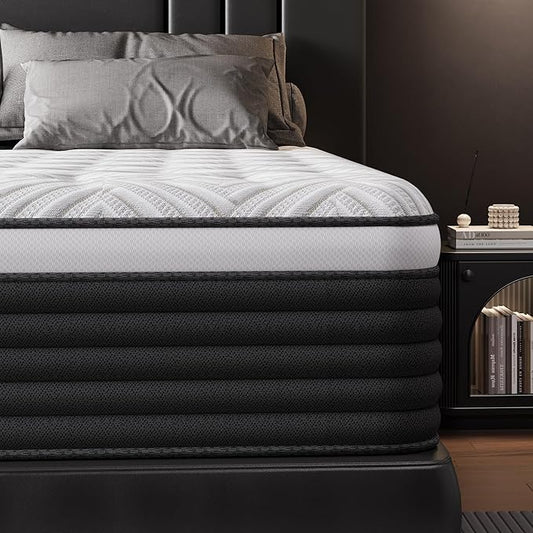 COOLMI Queen Mattress, 12 Inch Hybrid Memory Foam Mattress in a Box, Pressure Relief for Back Support, Medium Firm, Individually Pocket Springs, 100-Night Trial & CertiPUR-US Certified, Queen Size