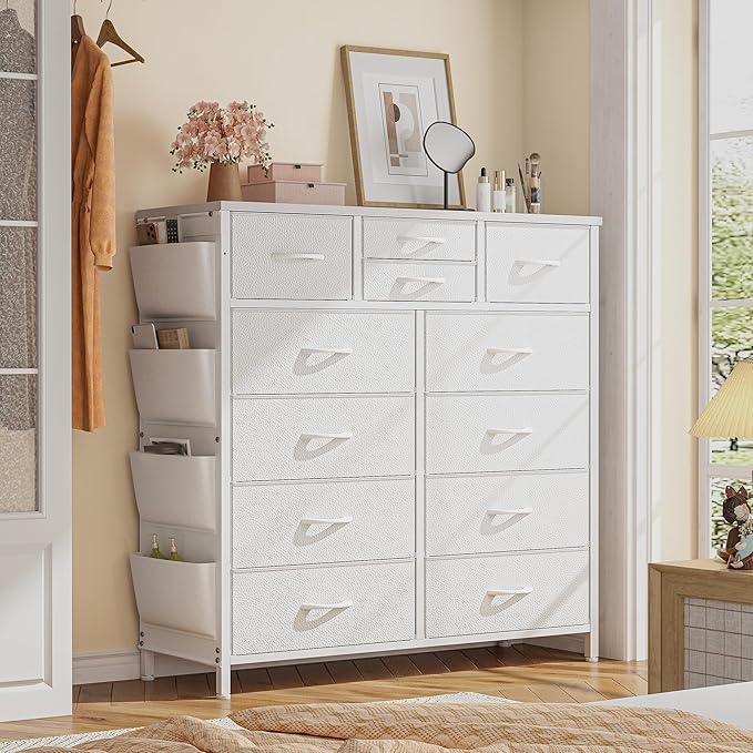 EnHomee Dresser for Bedroom with 12 Drawers, Tall Dressers & Chest of Drawers with Side Pockets, Fabric Dresser for Bedroom, Closet, Hallway, Living Room, Sturdy Metal Frame, Wood Top, White