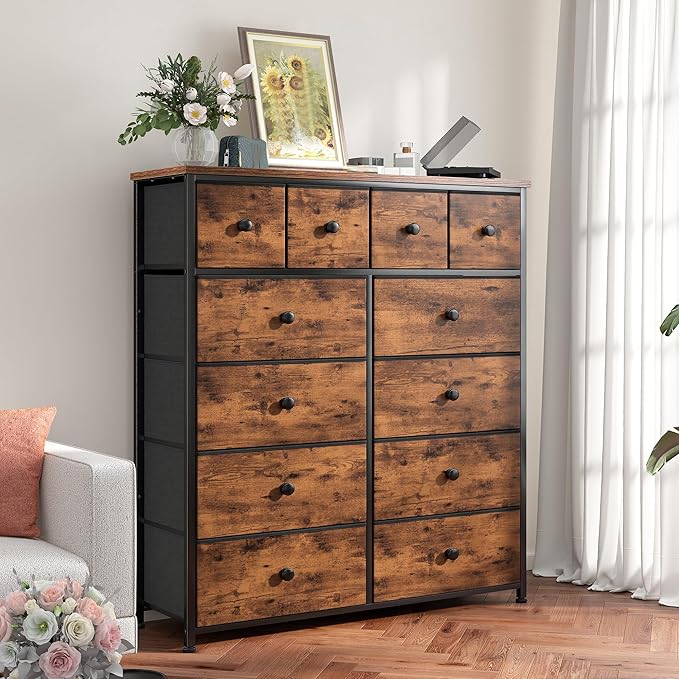 Dresser for Bedroom with 12 Drawers Tall Dressers for Bedroom Fabric Dressers & Chest of Drawers with Sturdy Metal Frame, Wood Top, for Woman, Closet, 40.6" W x 11.8" D x 44.5" H (Rustic Brown)