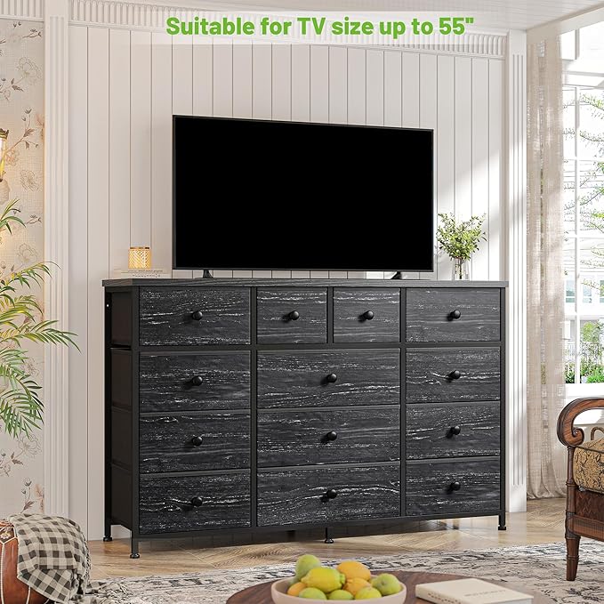 Black Dresser with 13 Fabric Dresser，Tv Stand for Bedroom for 40,50,55 inch Tv,Entertainment Center,Storage Drawers for Living Room, Hallway, Entryway 47.2" Wx 33" H X 11.8" D