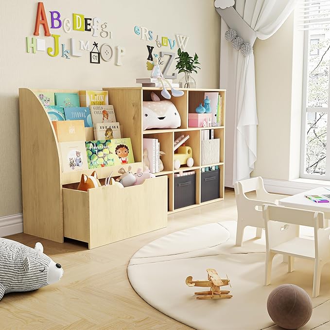 Kids Bookshelf and Toy Storage, Toy Storage Organizers with Movable Drawers & 3 Storage Bins, Kids Reading Nook Toy Organizers Shelf with 5 Cubbies, Natral Wood