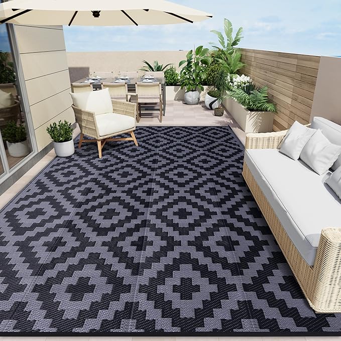 OLANLY Waterproof Outdoor Rug 9x18 ft, Outdoor Plastic Straw Rug for Camping, RV Mat Outside, Indoor Outdoor Carpet for Porch, Deck, Backyard, Balcony, Picnic, Black & Grey