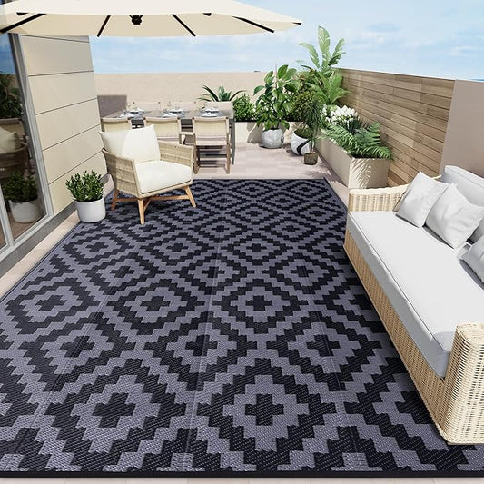 OLANLY Waterproof Outdoor Rug 9x18 ft, Outdoor Plastic Straw Rug for Camping, RV Mat Outside, Indoor Outdoor Carpet for Porch, Deck, Backyard, Balcony, Picnic, Black & Grey
