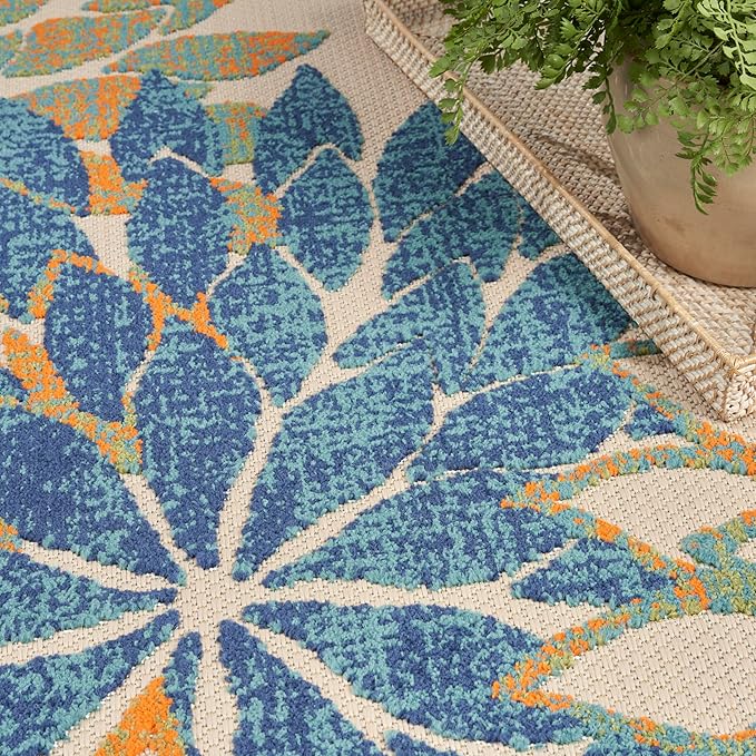 Nourison Home Aloha Tropical Blue Green 5'3" x Round Area -rug, Easy -cleaning, Non Shedding, Bed Room, Living Room, Dining Room, Kitchen (5 Round)