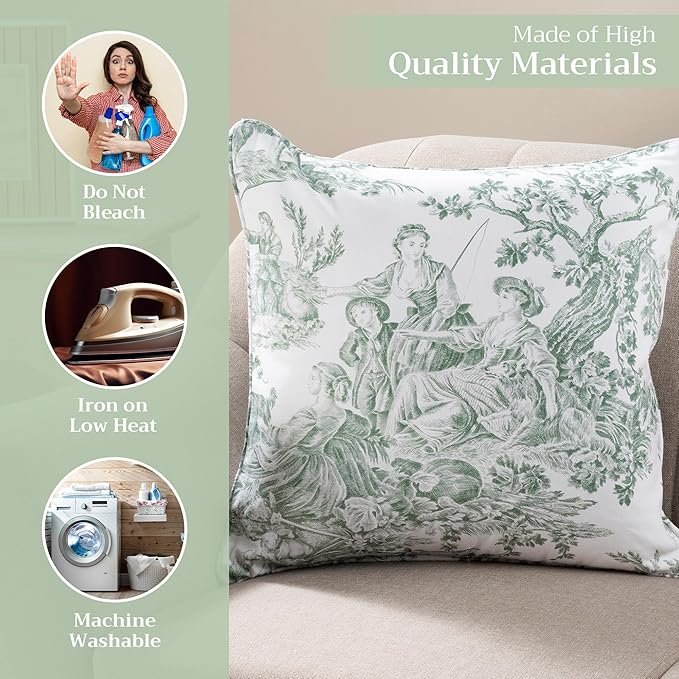 Maison d' Hermine Decorative Pillow Covers 18 x 18 Inch Square 100% Cotton Throw Pillow Covers with Invisible Zipper for Couch, Chair, Sofas, Bedroom, Home (The Miller - Antique Green (White))