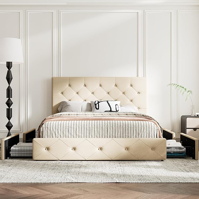 MUTICOR Queen Size Bed Frame with 4 Storage Drawers, Upholstered Platform Bed with Button Tufted Adjustable Headboard, No Box Spring Needed, Easy Assembly, Diamond Tufted, Beige Fabric