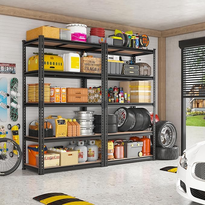 REIBII 2020LBS Storage Shelves 5 Tier Garage Shelving Heavy Duty, Adjustable Metal Shelving Unit, Garage Shelves for Basement Warehouse Pantry, 72" H x 35.55" W x 16" D, Black, 2 Pack