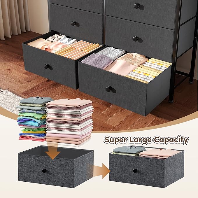 Dresser for Bedroom with 12 Drawers Tall Dressers for Bedroom Fabric Dressers & Chest of Drawers with Sturdy Metal Frame, Wood Top, for Woman, Closet, 40.6" W x 11.8" D x 44.5" H (Dark Grey)
