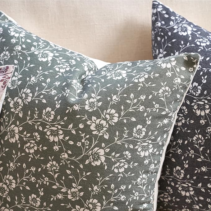 Alerfa Set of 2 Floral Lumbar Pillow Covers 12x20, Vintage Block Print Throw Pillow Covers Decorative Farmhouse Accent Couch Pillows for Living Room Bedroom, Dark Olive-Green