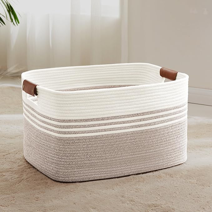 Laundry basket with leather handles for clothes,blankets,pillows,toys,towels,suitable for bedrooms and living rooms,cotton woven laundry hamper,extra large gift basket,22"x17"x12",Beige Brown