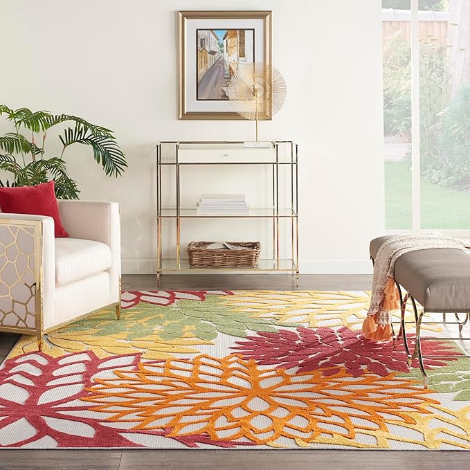 Nourison Aloha Indoor/Outdoor Red Multi Colored 9' x 12' Area Rug, Tropical, Botanical, Easy Cleaning, Non Shedding, Bed Room, Living Room, Dining Room, Deck, Backyard, Patio (9x12)