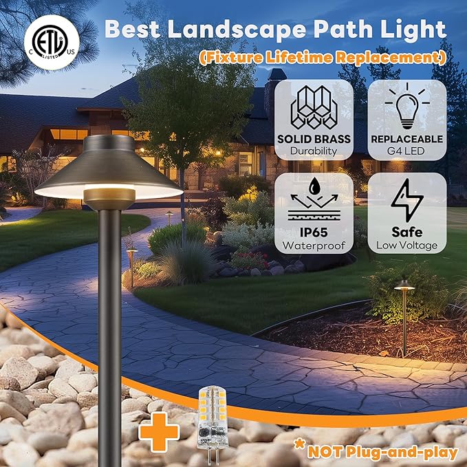 Low Voltage Landscape Lighting Brass - 12v Pathway Lights Waterproof, Hard Wired Path Light Outdoor, Mushroom Bronze for Exterior Area Patio House with 3W 5000K Daylight G4 Bulb (4 Pack)