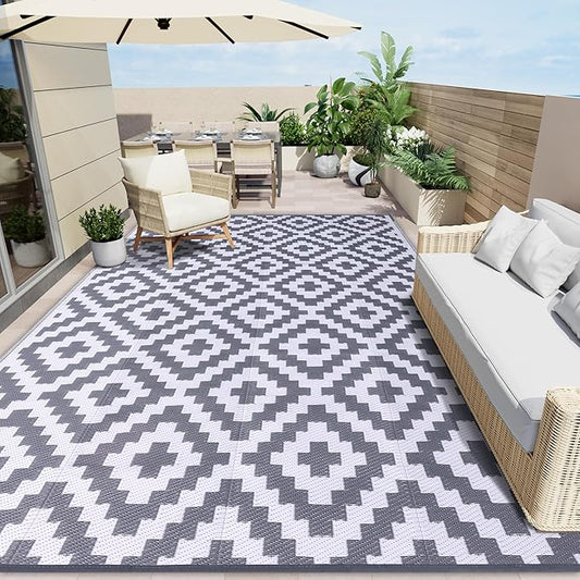 OLANLY Waterproof Outdoor Rug 8x10 ft, Reversible Plastic Straw Patio Rug for Camping, RV Mat Outside, Indoor Outdoor Carpet for Porch, Deck, Backyard, Camper, Balcony, Picnic, Grey & White