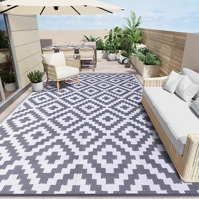 OLANLY Waterproof Outdoor Rug 9x12 ft, Outdoor Plastic Straw Rug for Camping, RV Mat Outside, Outdoor Carpet for Porch, Deck, Backyard, Balcony, Picnic, Grey & White