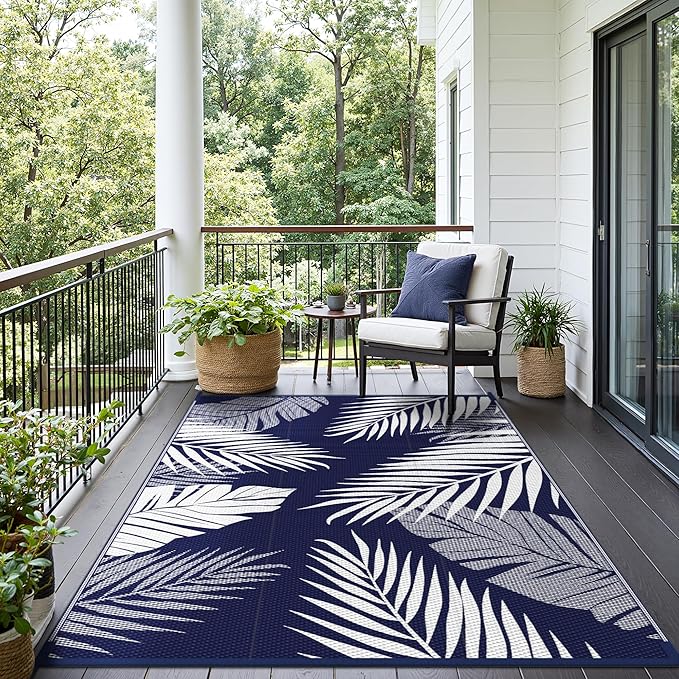 Outdoor Rug 5’x8’ Waterproof for Patio Clearance, Reversible Indoor Outdoor Plastic Straw Camping Rug Carpet, RV Mat, Large Area Rug for Deck, Backyard, Balcony, Porch, Beach, Blue & White