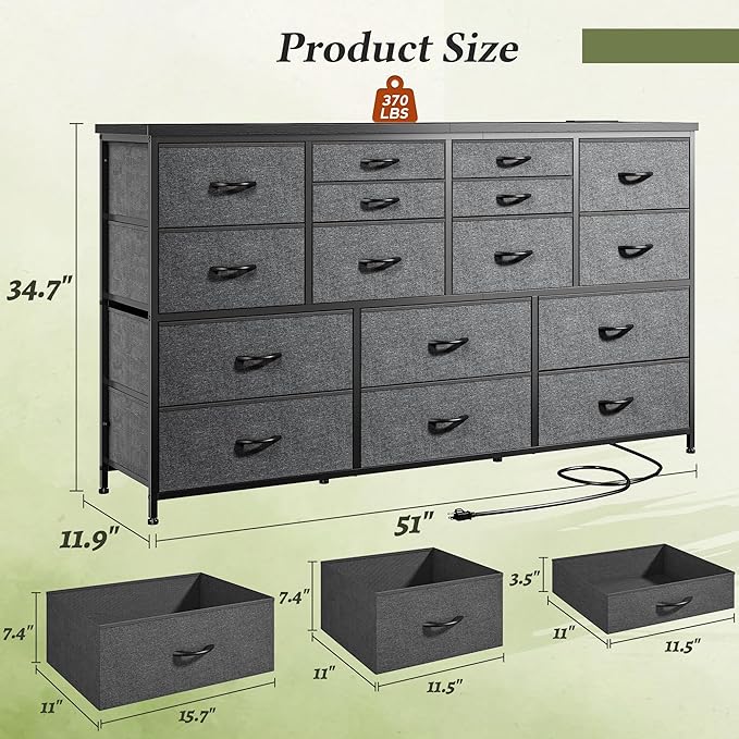 Dresser for Bedroom with 16 Fabric Drawers Long Dresser with Charging Station TV Stand for 60" TV Dressers & Chest of Drawers for Bedroom, Living Room, Closet, Grey