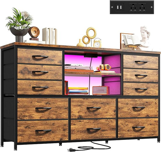 Dresser with LED Lights & Power Outlets, 12 Drawers Dresser TV Stand for 60''TV for Bedroom Fabric Dressers & Chest of Drawers, Sturdy Metal Frame for Closet, Living Room,Hallway, Rustic Brown