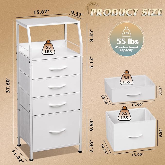 WLIVE Tall Nightstand with 4 Fabric Drawers & Open Shelf, White Bedside Table for Bedroom, Modern Tall Dresser