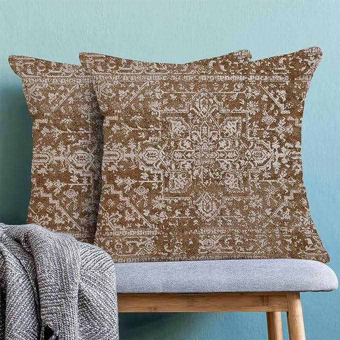 Boho Brown Throw Pillow Covers 18x18 Inch Set of 2, Carpet Pattern Neutral Decorative Throw Pillow Covers Bohemia Brown Linen Outdoor Cushion Cover for Sofa Couch Farmhouse Room Bed Decor