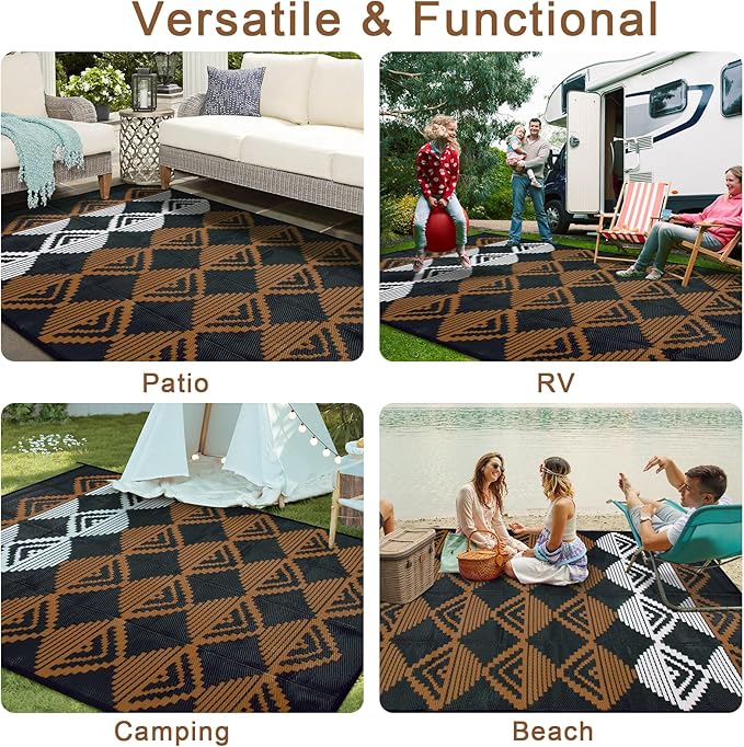 Beeiva Waterproof Outdoor Rug 6x9, Reversible Plastic Straw Rug for Camping, Modern Geometric Large Outside Patio Mat Outdoor Rugs for Porch, Deck, Backyard, Balcony, Picnic - Black & Brown