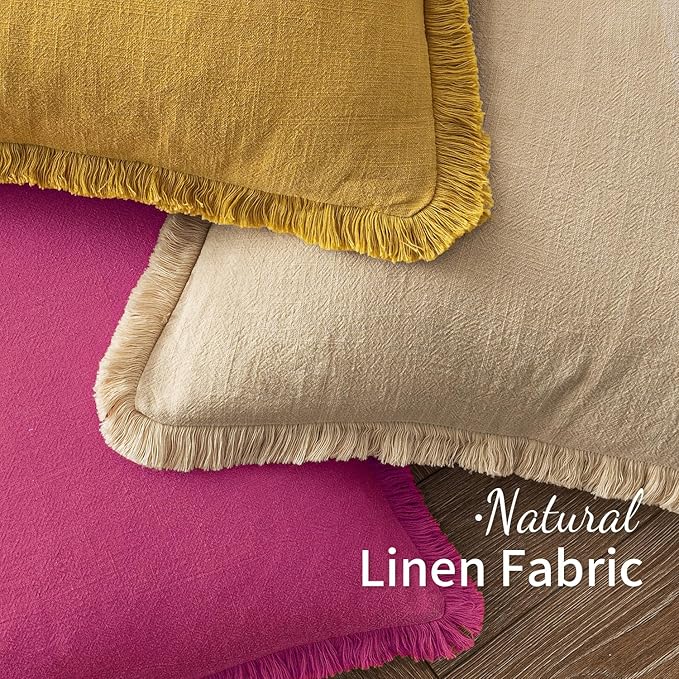 MIULEE Decorative Throw Pillow Covers Neutral Linen Fringe Throw Pillows Set of 2 Hot Pink Boho Farmhouse Cushion Covers with Tassels for Couch Sofa Bed Living Room Spring Home Decor 18x18 Inch