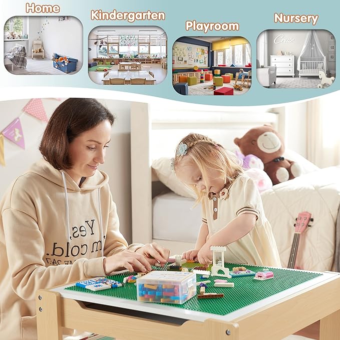Kids Table and Chair Set, 4 in 1 Wooden Activity Table with Bookshelves and Storage Drawer, 2 in 1 Detachable Tabletop Construction Play Table Set for Drawing, Reading, Build Blocks