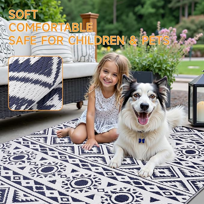 Outdoor Rug Waterproof 5x8 ft, Reversible Outdoor Plastic Straw Rug Patio Rug, RV Rugs for Outside, Outdoor Carpet for Patio Camping Deck Balcony Backyard, Blue & White
