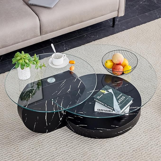 Coffee Tables for Living Room - Round Glass Coffee Table with Wooden Base Mid-Century Modern End Table 3-Tier Round Coffee Table for Living Room, Office, Balcony (42″ Black)