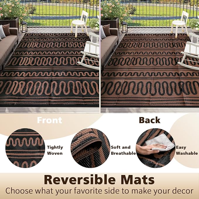 Beeiva Outdoor Area Rug, 6x9 Large Outdoor Rug Waterproof, Reversible Plastic Indoor Outdoor Rug for Deck, Balcony, Backyard, Porch, Camping, Picnic - Black/Brown